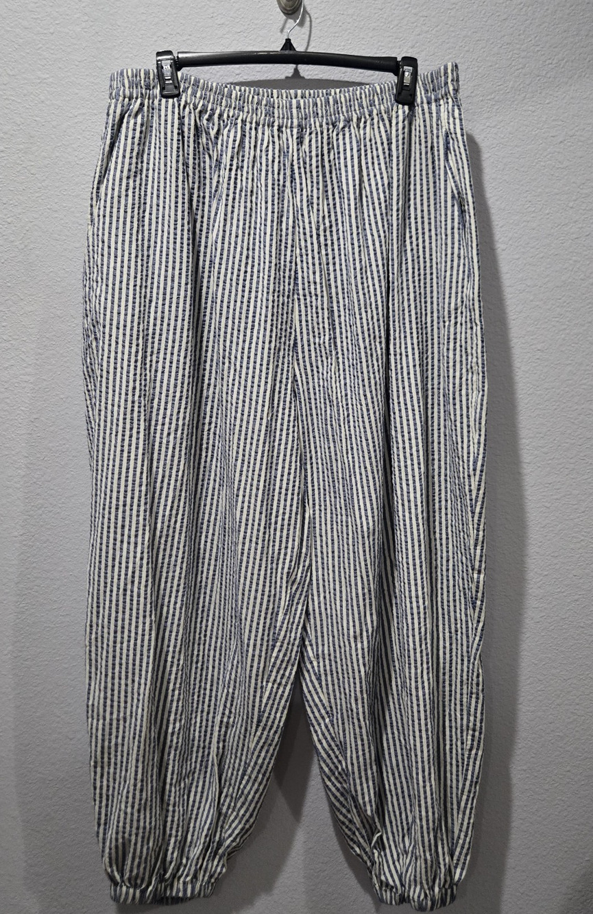 Lucy and Yak 22 Blue White Seersucker Stripe Cuffed Balloon Leg Trouser